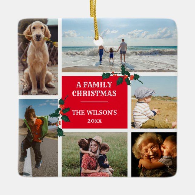 Personalized 6 Photo Family Collage Christmas Ceramic Ornament (Front)