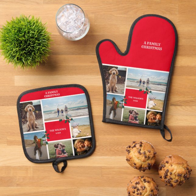 Personalized 6 Photo Family Collage Christmas Oven Mitt & Pot Holder Set (Top Down)