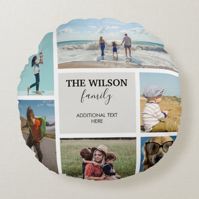 Personalized 6 Photo Family Memories Collage Round Pillow (Front)