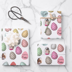 Personalized 6 Photo Pastel Easter Egg Pattern Wrapping Paper Sheet