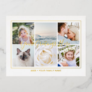 Personalized 6 photos Collage Calligraphy Foil Holiday Postcard