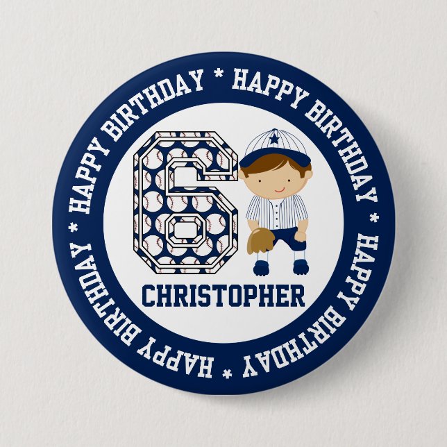 Personalized 6th Birthday Baseball Catcher BW 3 Inch Round Button (Front)