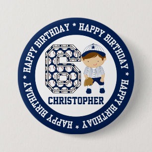 Personalized 6th Birthday Baseball Catcher BW 3 Inch Round Button