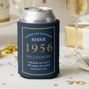 Personalized 70th Birthday 1956 Elegant Blue Gold Can Cooler