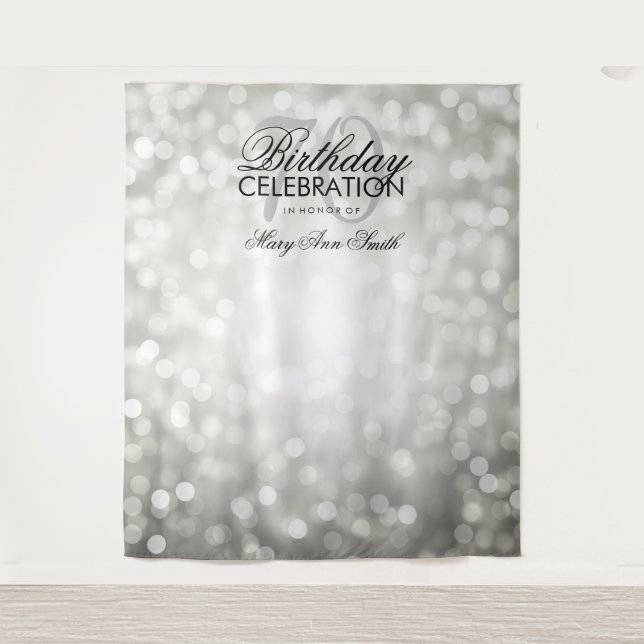 Personalized 70th Birthday Backdrop Silver Lights Tapestry (Front)