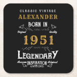 Personalized 70th Birthday Born 1951 Vintage Black Square Paper Coaster<br><div class="desc">A personalized classic paper coaster design for that birthday celebration for somebody born in 1951 and turning 70. Add the name to this vintage retro style black, white and gold design for a custom 70th birthday gift. Easily edit the name and year with the template provided. A wonderful custom black...</div>