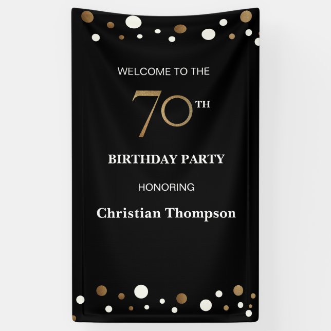 Personalized 70th Birthday Gold and black confetti Banner (Vertical)