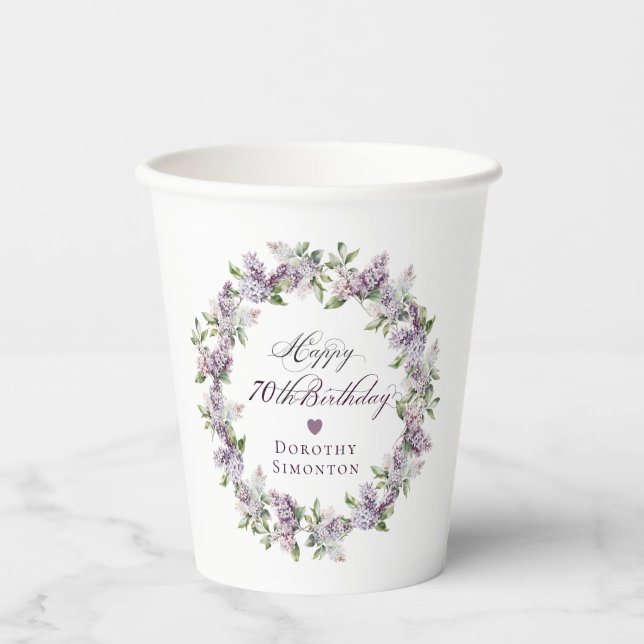Personalized 70th Birthday Purple Lilac Flower Paper Cups (Front)