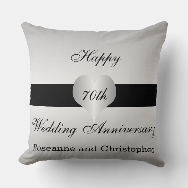 Personalized 70th Wedding Anniversary Silver Heart Throw Pillow (Front)