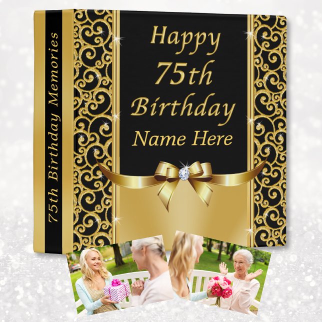 Personalized 75th Birthday Gifts, 75th Photo Album Binder (75th birthday gift ideas for her. 75th birthday photo album. Gold Black, Gift for 75 year old woman.)
