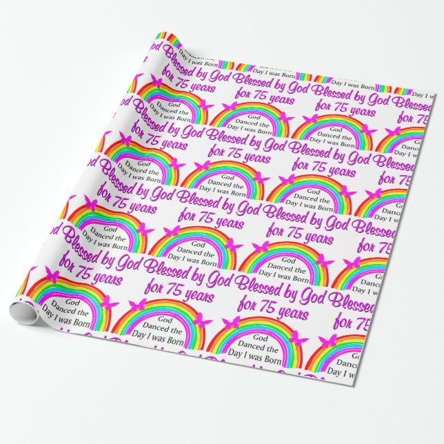 PERSONALIZED 75TH BIRTHDAY RAINBOW DESIGN WRAPPING PAPER (Unrolled)