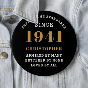 Personalized 80th Birthday 1941 Elegant Black Gold 6 Inch Round Button