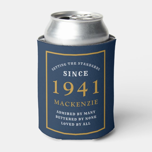 Personalized 80th Birthday 1941 Elegant Blue Gold Can Cooler (Can Front)