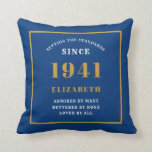 Personalized 80th Birthday 1941 Elegant Chic Blue Throw Pillow<br><div class="desc">For those born in 1941 and celebrating their 80th birthday we have the ideal surprise birthday party throw pillow gift. The blue background with a white and gold design is simple and yet elegant. Easily customize the text to the front and the interior of these party supplies using the template...</div>
