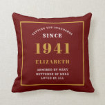 Personalized 80th Birthday 1941 Elegant Chic Red Throw Pillow<br><div class="desc">For those born in 1941 and celebrating their 80th birthday we have the ideal surprise birthday party throw pillow gift. The red background with a white and gold design is simple and yet elegant. Easily customize the text to the front and the interior of these party supplies using the template...</div>