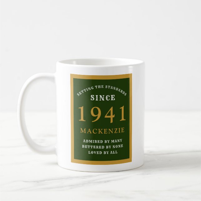 Personalized 80th Birthday 1941 Elegant Green Gold Coffee Mug (Left)