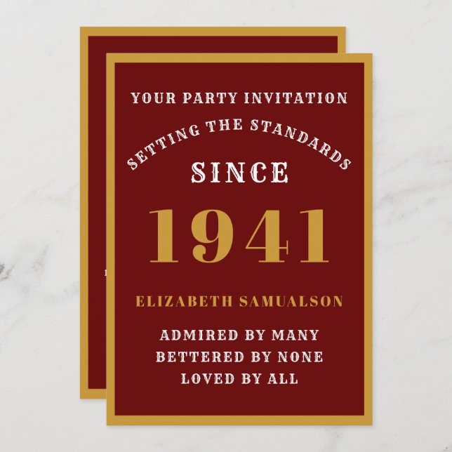 Personalized 80th Birthday 1941 Elegant Red Gold Invitation (Front/Back)