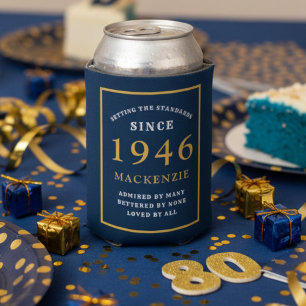 Personalized 80th Birthday 1942 Elegant Blue Gold Can Cooler