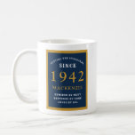Personalized 80th Birthday 1942 Elegant Blue Gold Coffee Mug<br><div class="desc">A huge 80th birthday blue and gold coffee mug for those special people born in 1942. Easily customize the text using the template provided. Part of the setting standards range of greeting cards and gifts.</div>