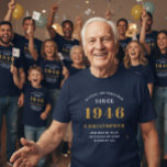 Personalized 80th Birthday 1946 Add Name Blue Gold T-Shirt<br><div class="desc">Personalized birthday men's tshirt in blue and gold for those born in 1946. Easily customize all the text on this "Birthday" T shirt using the template provided. Part of the "Setting Standards" range of birthday ideas.</div>