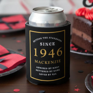 Personalized 80th Birthday 1946 Elegant Black Gold Can Cooler