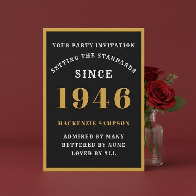 Personalized 80th Birthday 1946 Elegant Black Gold Invitation (1946 birthday invitation. Red background.)