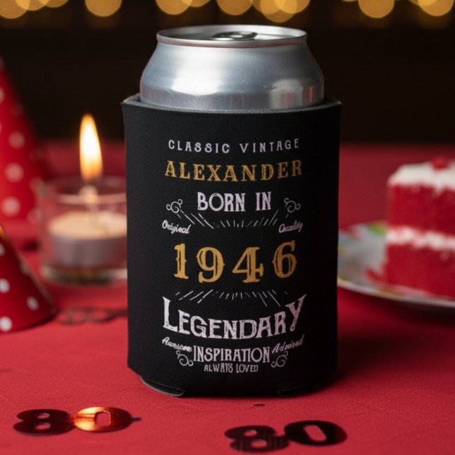 Personalized 80th Birthday Add Name Year Legendary Can Cooler (80th birthday can cooler on a red party table.)