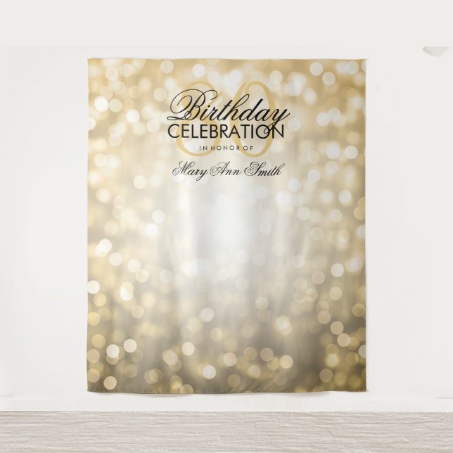 Personalized 80th Birthday Backdrop Gold Lights Tapestry (Front)