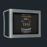 Personalized 80th Birthday Born 1941 Vintage Black Belt Buckle<br><div class="desc">A personalized belt buckle for that birthday persons born in 1941 and turning 80. Add the name to this vintage retro style black, white and gold design for a custom 80th birthday gift. Easily edit the name and year with the template provided. A wonderful custom black birthday gift. More gifts...</div>