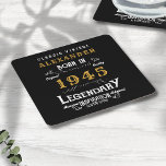 Personalized 80th Birthday Born 1945 Vintage Black Square Paper Coaster<br><div class="desc">A personalized classic paper coaster design for that birthday celebration for somebody born in 1945 and turning 80. Add the name to this vintage retro style black, white and gold design for a custom 80th birthday gift. Easily edit the name and year with the template provided. A wonderful custom black...</div>