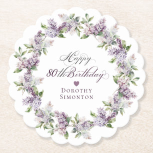 Personalized 80th Birthday Purple Lilac Flower Paper Coaster