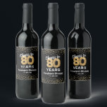 Personalized 80th Birthday Wine Label<br><div class="desc">Custom elegant eightieth birthday party wine bottle labels featuring a stylish black background that can be changed to any colour,  gold sparkly glitter,  eighty gold hellium balloons,  and a modern text template that is easy to personalize.</div>