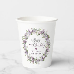 Personalized 85th Birthday Purple Lilac Flower Paper Cups