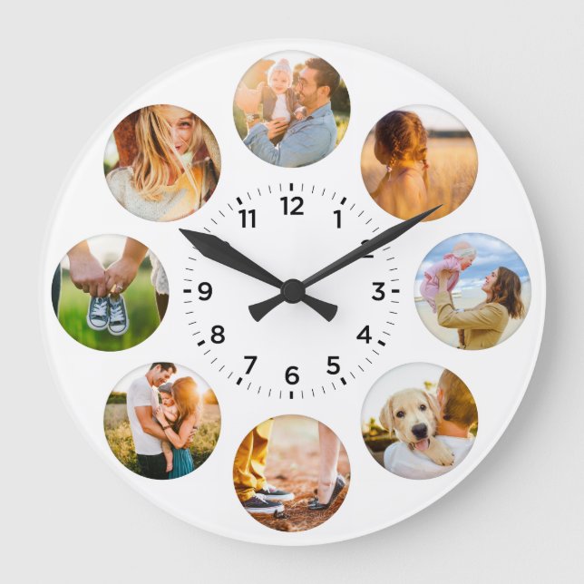 Personalized 8 Circle Photos Shadow Inlay Family Large Clock (Front)