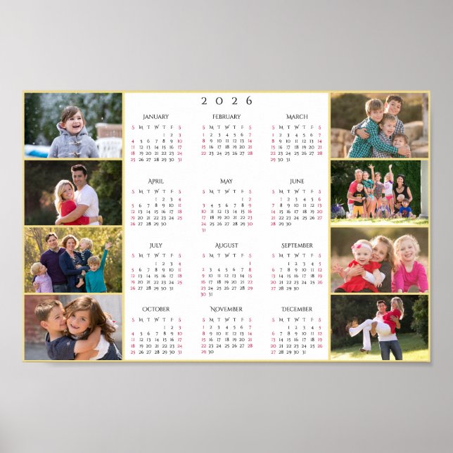 Personalized 8 Family Photo Collage 2026 Calendar Poster (Front)