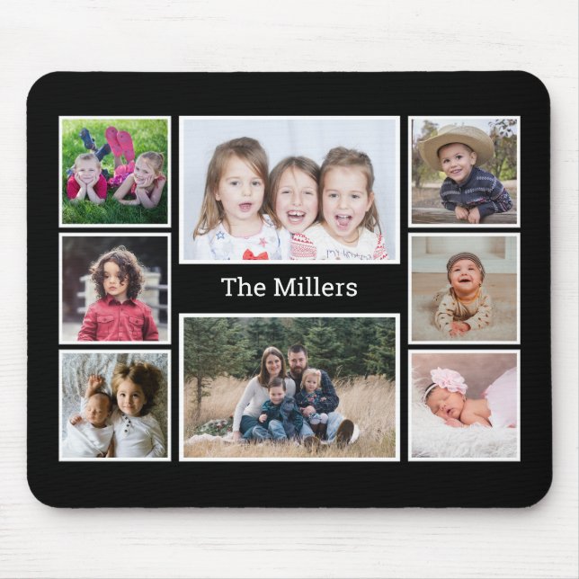 Personalized 8 Photo collage Family Name Black Mouse Pad (Front)