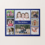 Personalized 8 Photo collage Family Name Blue  Jigsaw Puzzle<br><div class="desc">Unique photo collage  jigsaw puzzle personalized with 8 pictures and family name.</div>