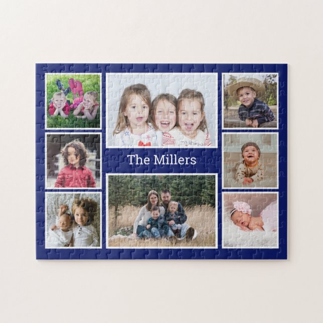 Personalized 8 Photo collage Family Name Blue  Jigsaw Puzzle (Horizontal)