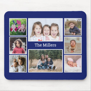 Personalized 8 Photo collage Family Name Blue Mouse Pad