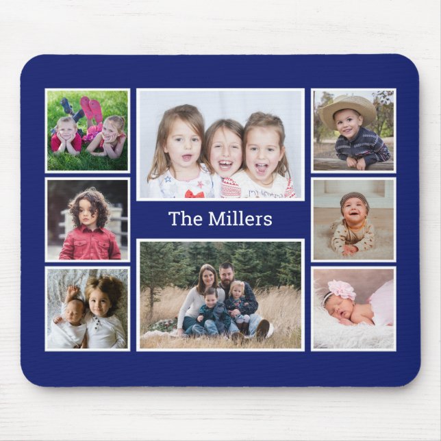 Personalized 8 Photo collage Family Name Blue Mouse Pad (Front)