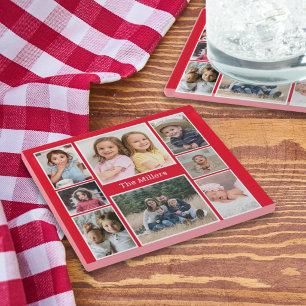 Personalized 8 Photo collage Family Name Red Glass Coaster