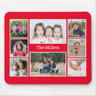 Personalized 8 Photo collage Family Name Red Mouse Pad