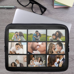 Personalized 8 Photo Collage Modern Black Leather Laptop Sleeve