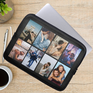Personalized 8 Photo Collage Modern Black Leather Laptop Sleeve