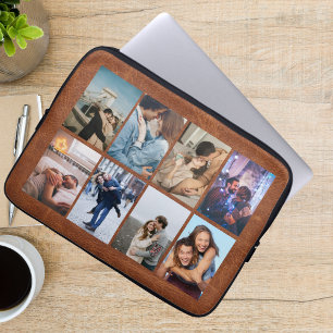Personalized 8 Photo Collage Modern Brown Leather Laptop Sleeve