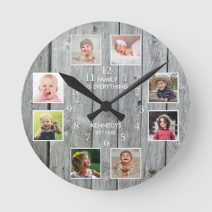 Personalized 8 Photo Collage Rustic Grey Wood   Round Clock