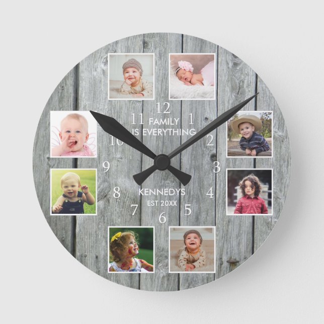 Personalized 8 Photo Collage Rustic Grey Wood   Round Clock (Front)