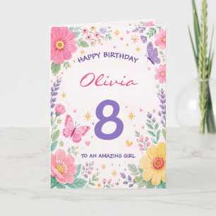 Personalized 8th Birthday Card for Girl   Floral