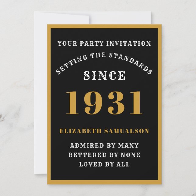 Personalized 90th Birthday 1931 Elegant Black Gold Invitation (Front)