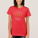 Personalized 90th Birthday 1931 Elegant Chic Red T-Shirt<br><div class="desc">90th birthday red and gold t-shirt. Easily customize the text of this born in 1931 "Standards" shirt using the template provided. Part of the setting standards range cards and gifts..</div>